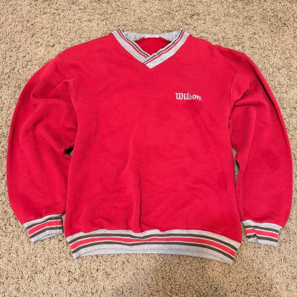 Wilson Vintage Red Boxy Fit Crewneck Sweatshirt Mens Medium Striped Trim